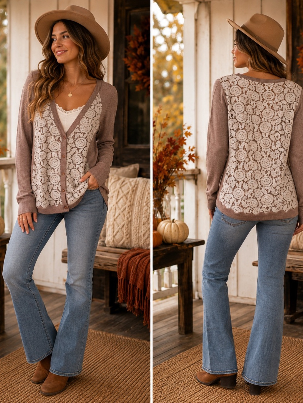 BKE Taupe V-Neck Sweater with Cream Lace Back Panel